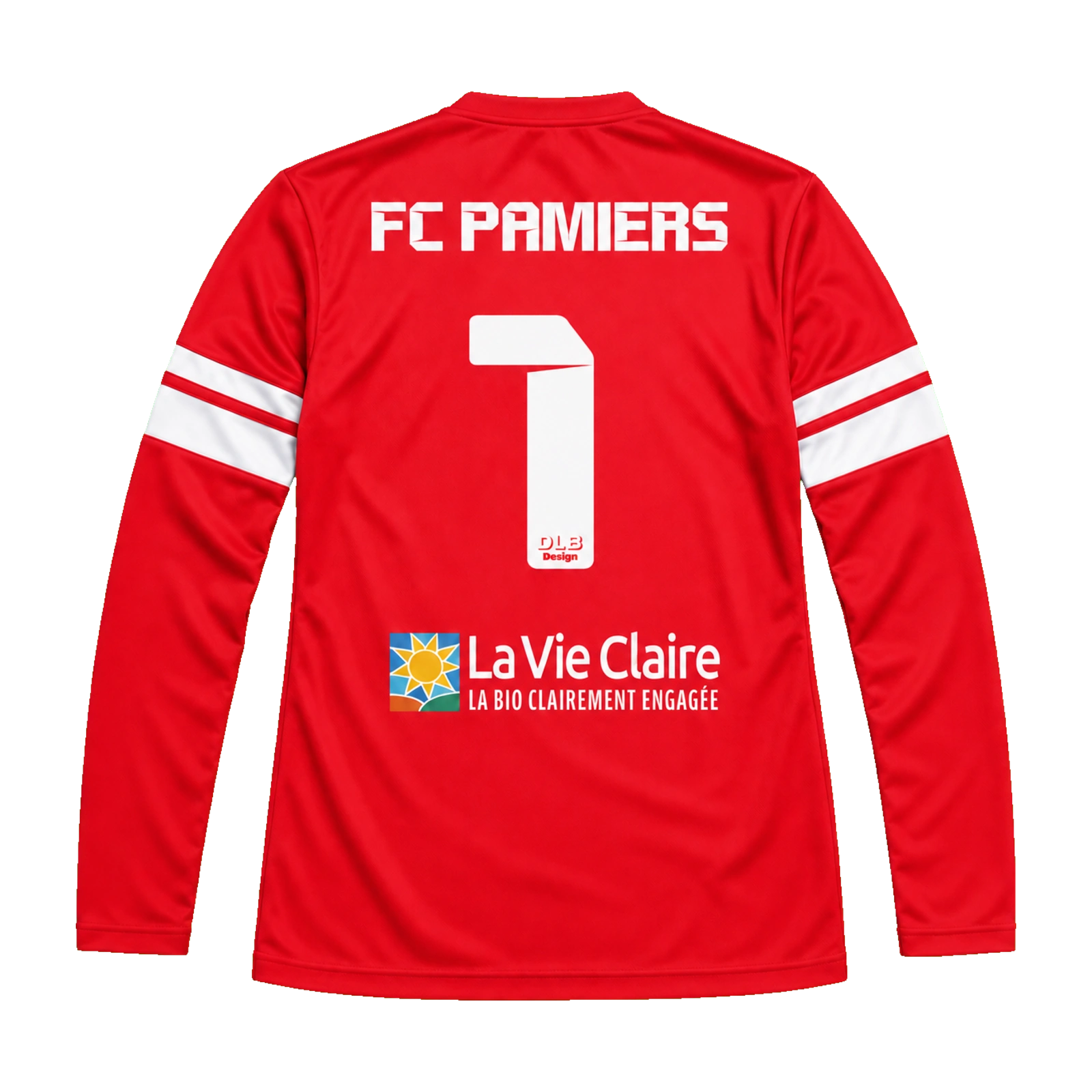FC Pamiers U17 — Tenues personnalisées 1 Dos du maillot rouge de gardien FC Pamiers, numéro 1 et sponsor La Vie Claire.
