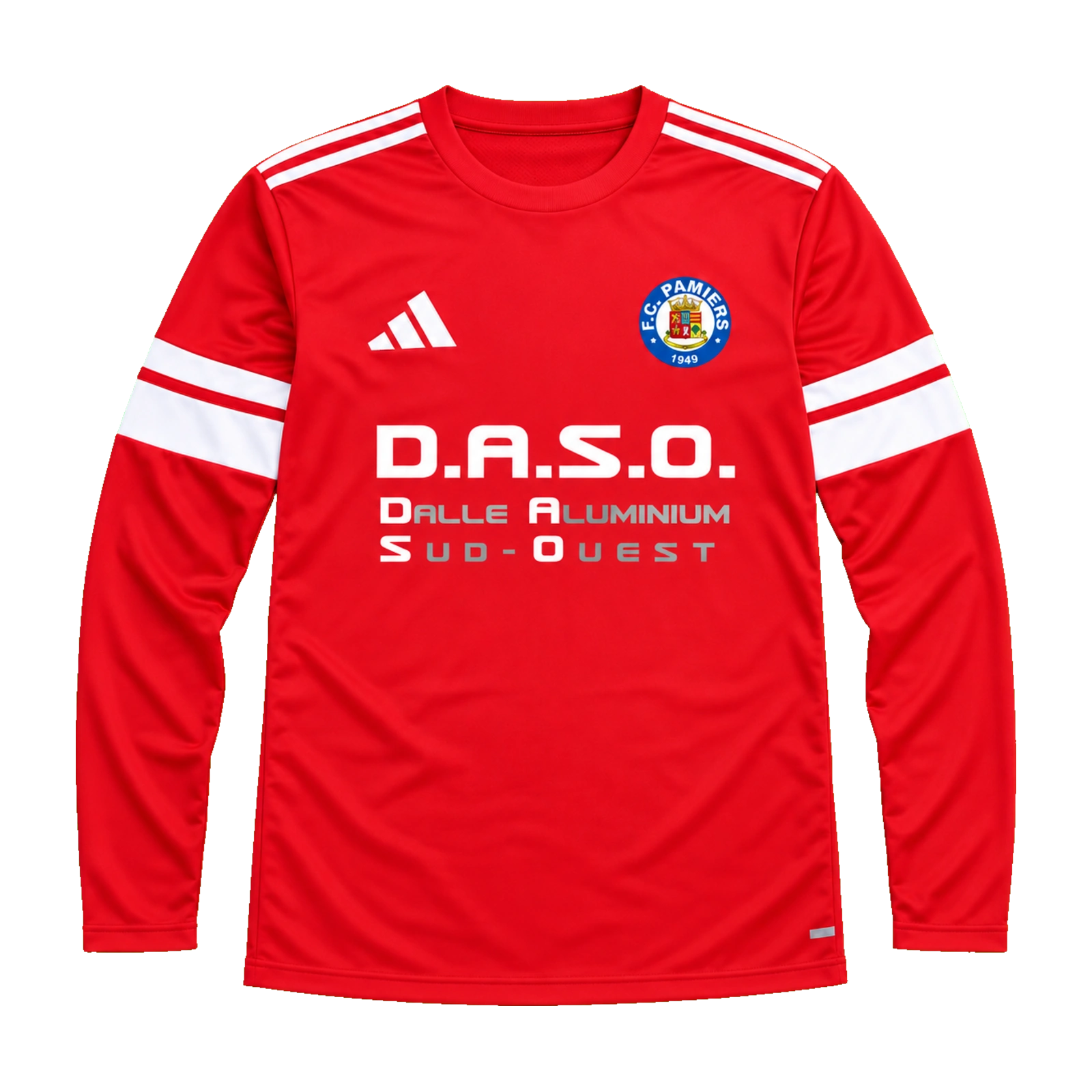 FC Pamiers U17 — Tenues personnalisées 2 Maillot rouge Adidas de gardien FC Pamiers, vue de face avec écusson du club et sponsor D.A.S.O.