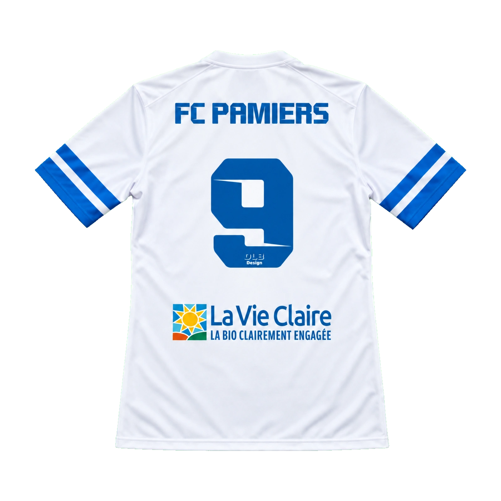 FC Pamiers U17 — Tenues personnalisées 3 Dos du maillot blanc et bleu FC Pamiers, numéro 9 et sponsor La Vie Claire.