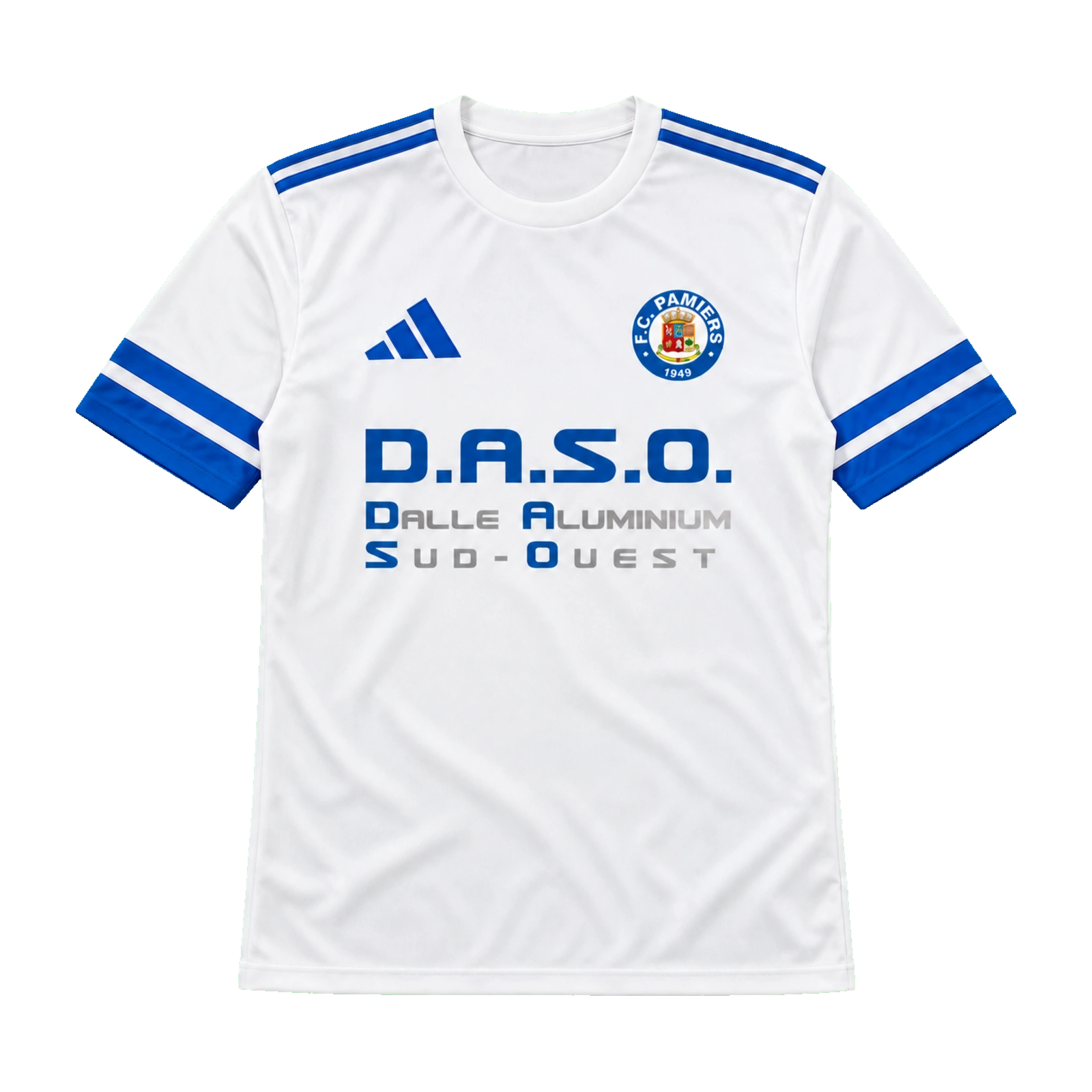 FC Pamiers U17 — Tenues personnalisées 4 Maillot blanc et bleu Adidas du FC Pamiers, vue de face avec écusson du club et sponsor D.A.S.O.