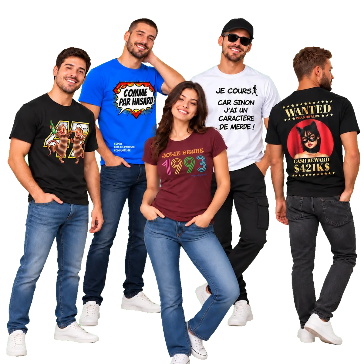 Présentation de cinq tee-shirts personnalisés DLB Design