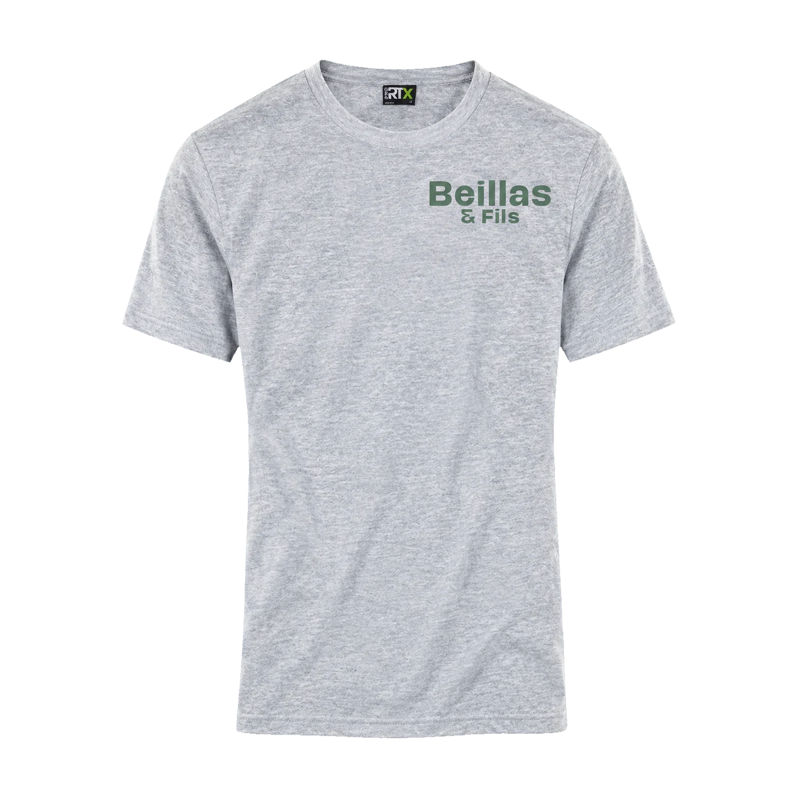 Beillas & Fils — Vêtements professionnels 2 Tee-shirt gris chiné Beillas & Fils — vue de face avec logo côté cœur