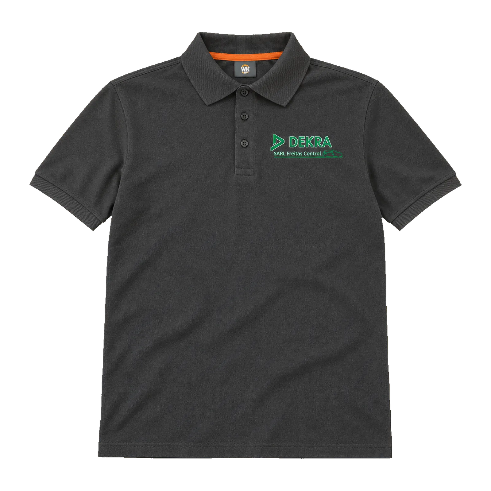 DEKRA Freitas Control — Polos et tee-shirts personnalisés 4 Polo gris foncé à manches courtes avec logo DEKRA Freitas Control côté cœur