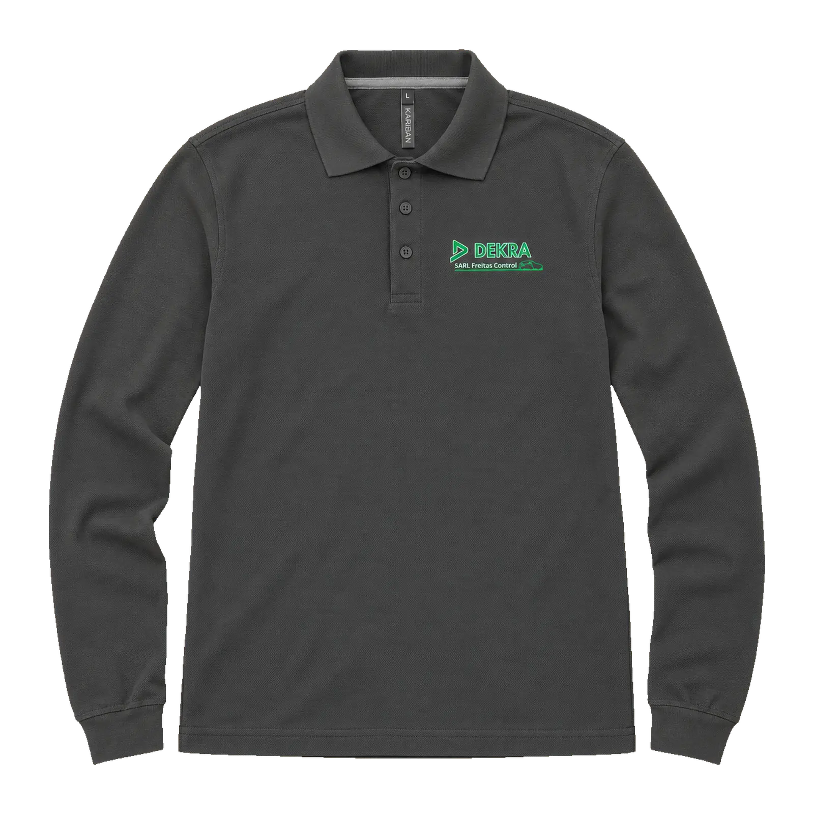 DEKRA Freitas Control — Polos et tee-shirts personnalisés 5 Polo gris foncé à manches longues avec logo DEKRA Freitas Control côté cœur