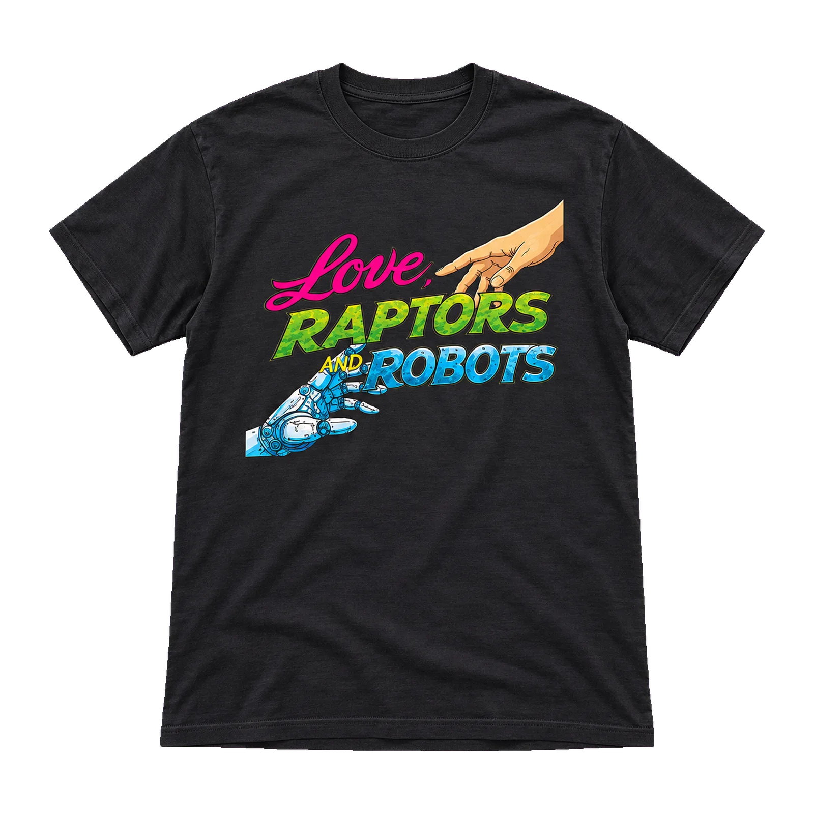The Dimmicks — Collection textile pour les fans 7 Tee-shirt noir Love Raptors & Robots — face