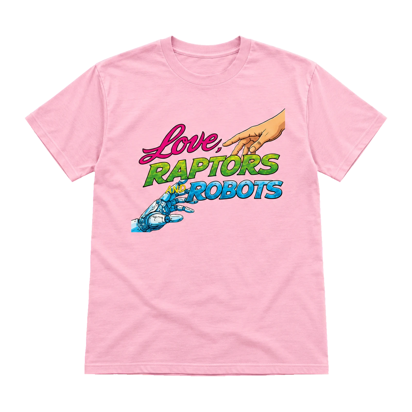 The Dimmicks — Collection textile pour les fans 12 Tee-shirt rose Love Raptors & Robots — face