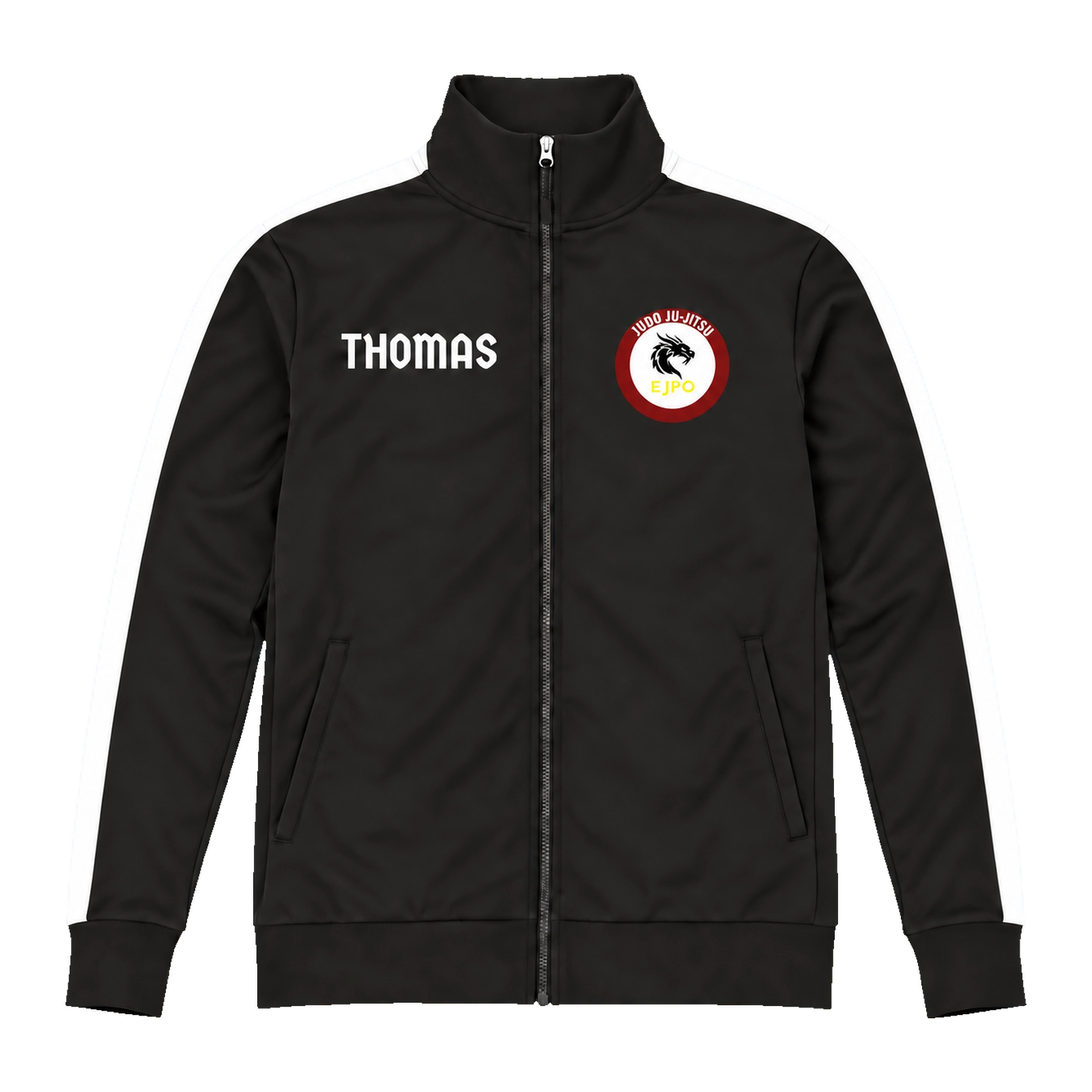 Veste noire CRETA 6410 EJPO vue de face, avec prénom Thomas et logo du club