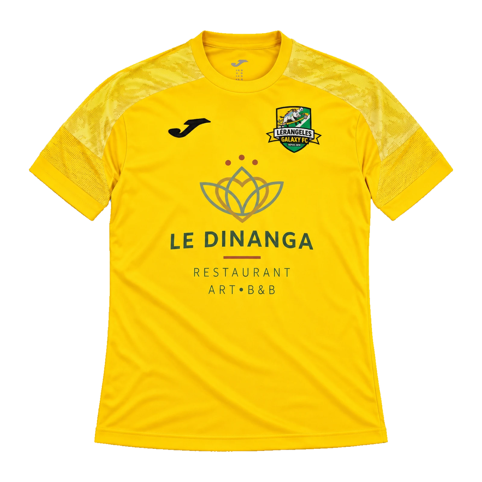 Maillot Joma jaune du Lérangélès Galaxy FC, écusson du club et partenaire Le Dinanga sur le devant