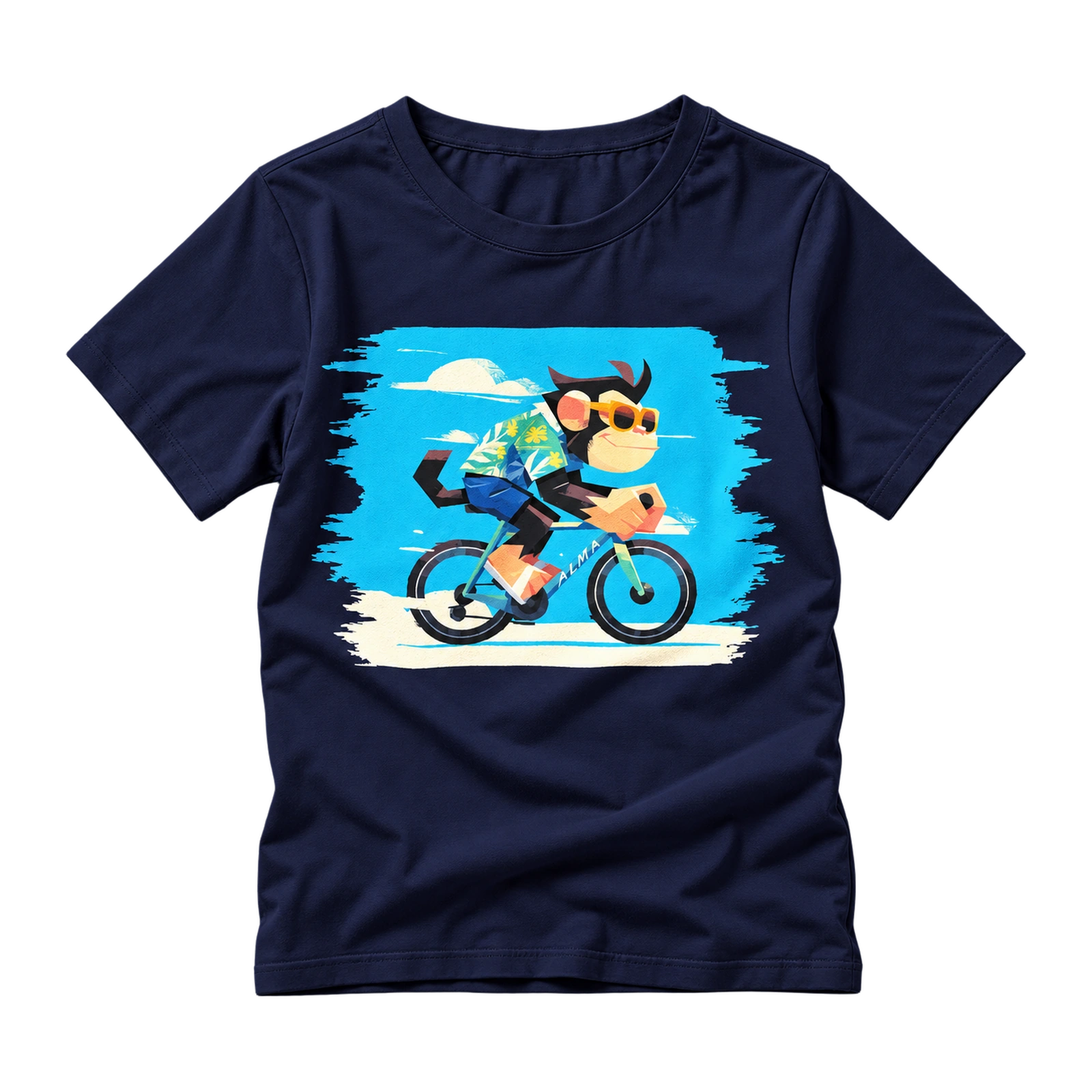 Tee-shirt enfant bleu marine personnalisé avec un motif de gorille à vélo
