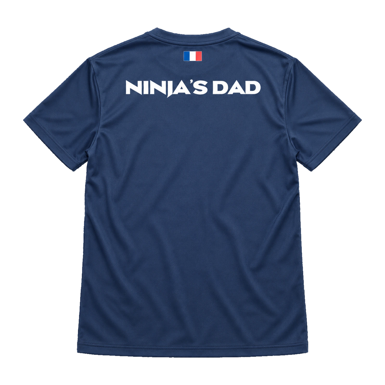 NINJA TEAM 31 — Tee-shirts et sweats personnalisés 4 Tee-shirt Daytona bleu marine, vue de dos avec inscription Ninja’s Dad et drapeau français
