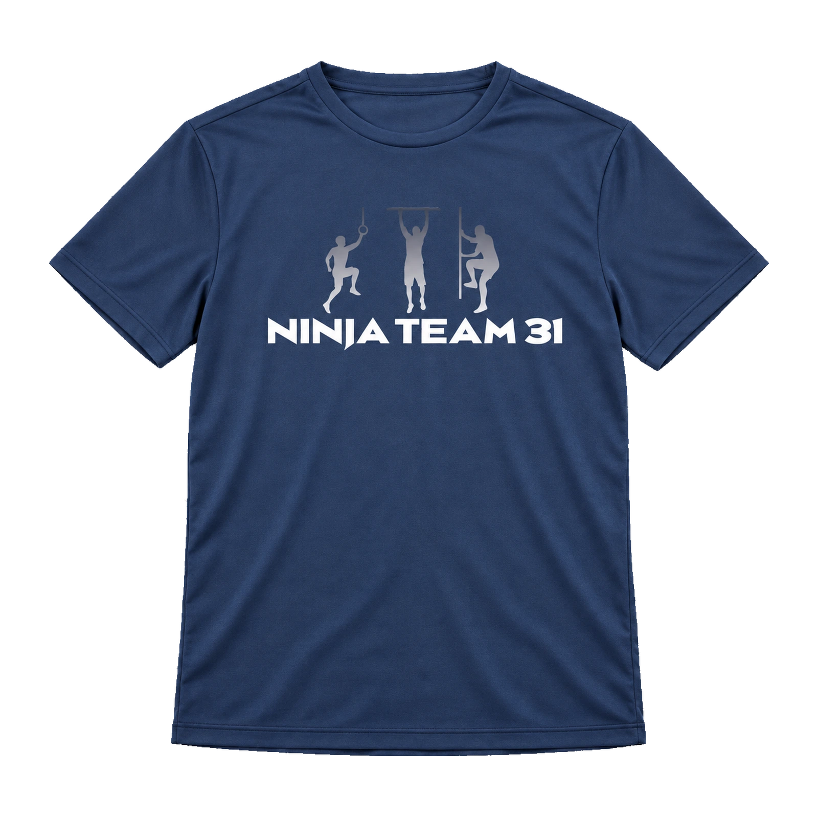 NINJA TEAM 31 — Tee-shirts et sweats personnalisés 1 Tee-shirt Daytona bleu marine NINJA TEAM 31, vue de face avec logo et silhouettes de parcours d’obstacles