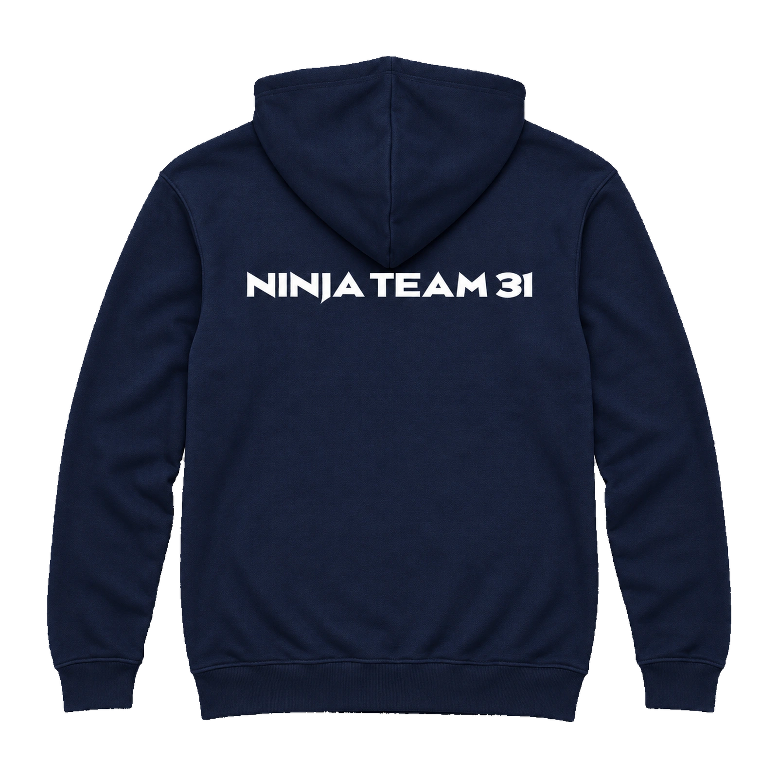 NINJA TEAM 31 — Tee-shirts et sweats personnalisés 2 Sweat à capuche Urban bleu marine NINJA TEAM 31, vue de dos avec marquage blanc