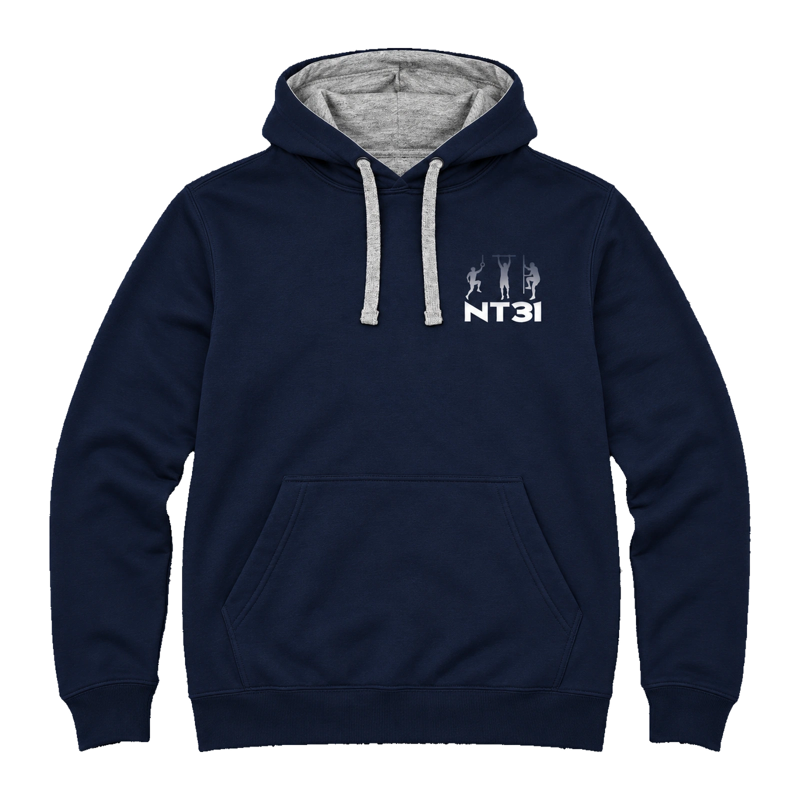 NINJA TEAM 31 — Tee-shirts et sweats personnalisés 3 Sweat à capuche Urban bleu marine NINJA TEAM 31, vue de face avec logo sur la poitrine