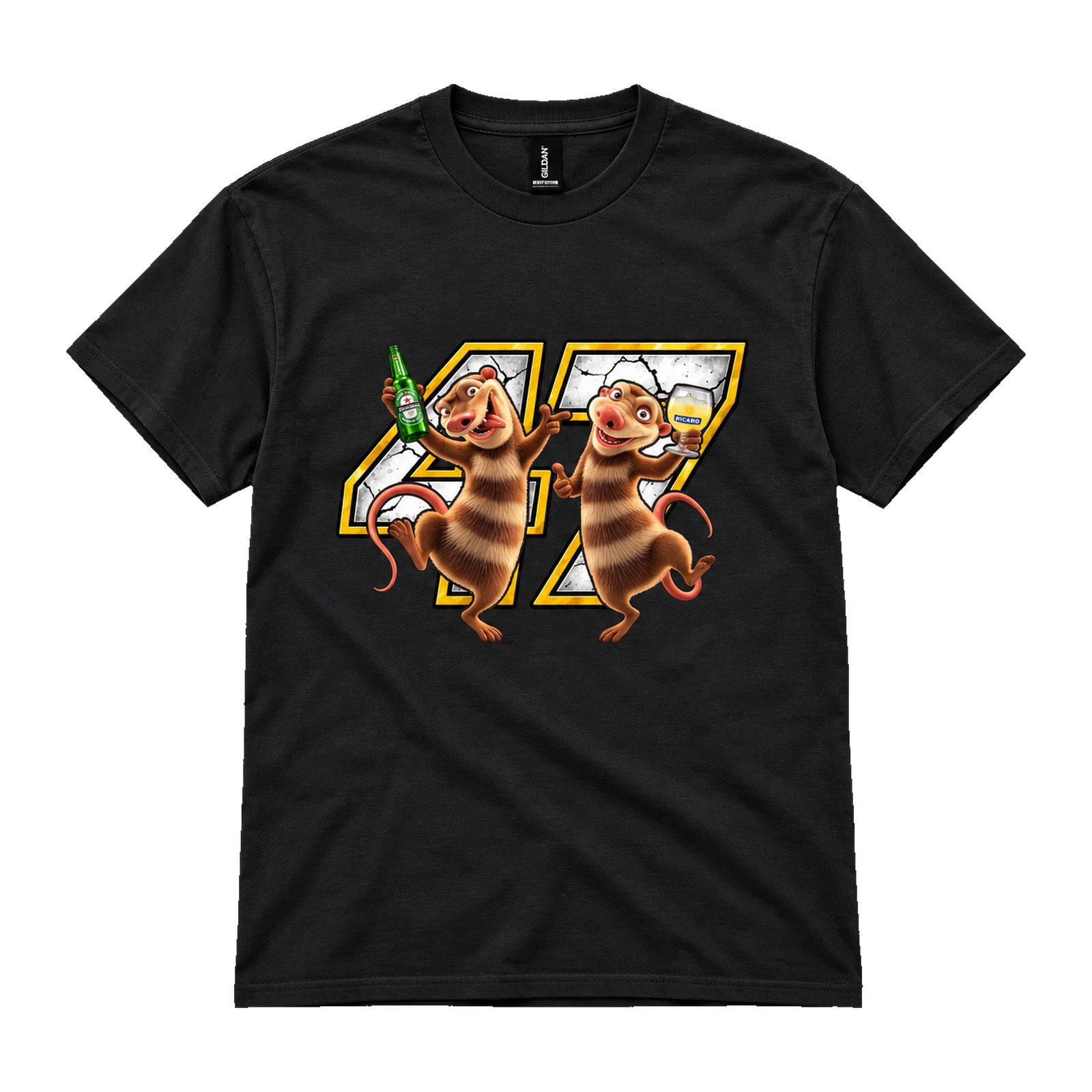 Tee-shirt anniversaire 47 ans — face Tee-shirt noir personnalisé pour un anniversaire de 47 ans, vue de face avec visuel humoristique