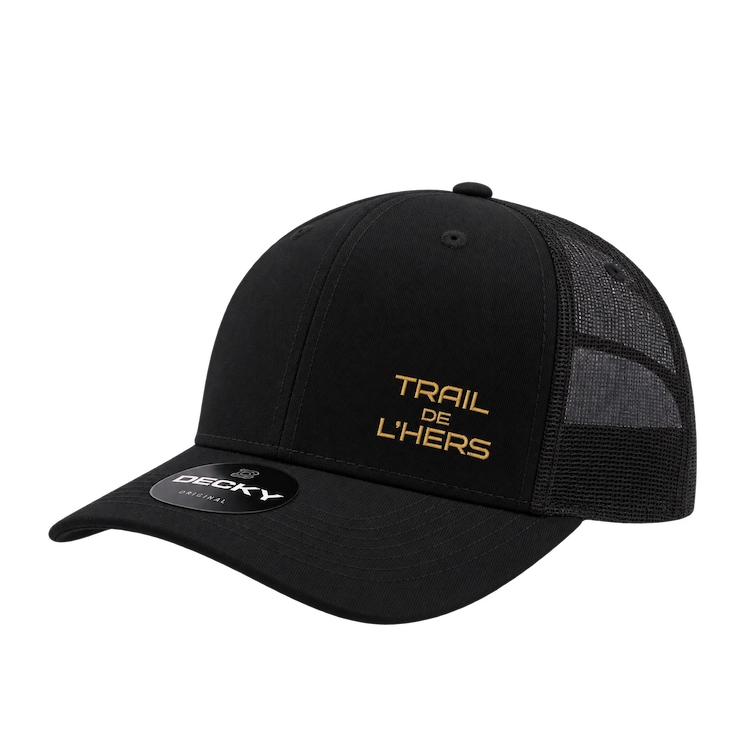 Trail de l’Hers — Textiles, dossards et accessoires personnalisés 14 Casquette noire avec le nom Trail de l’Hers brodé en doré sur la face avant.