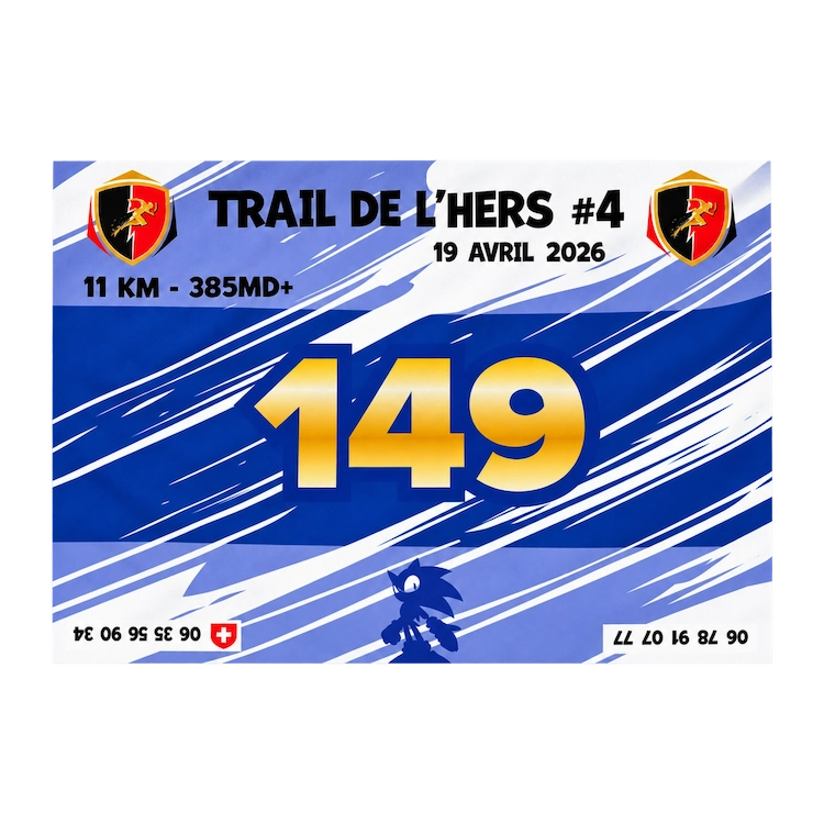 Dossard bleu et blanc numéro 149 du Trail de l’Hers 2026, avec le logo de l’événement.