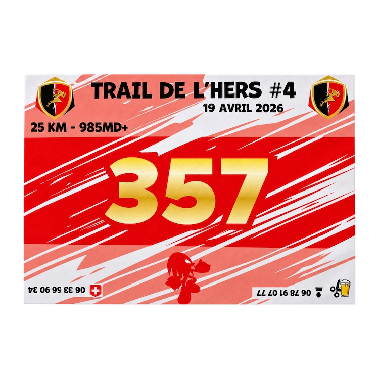 Trail de l’Hers — Textiles, dossards et accessoires personnalisés 16 Dossard personnalisé numéro 357 du Trail de l’Hers 2026.