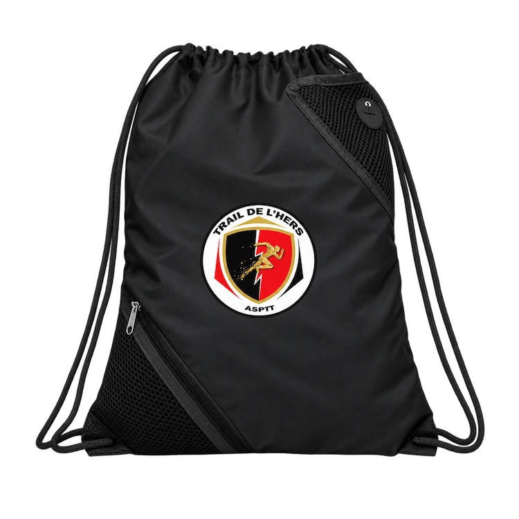 Trail de l’Hers — Textiles, dossards et accessoires personnalisés 18 Sac noir à cordons personnalisé avec le logo du Trail de l’Hers.