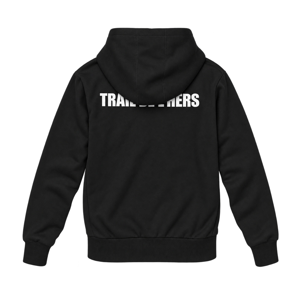 Trail de l’Hers — Textiles, dossards et accessoires personnalisés 6 Sweat à capuche noir du Trail de l’Hers, vue de dos avec le nom de l’événement en blanc.