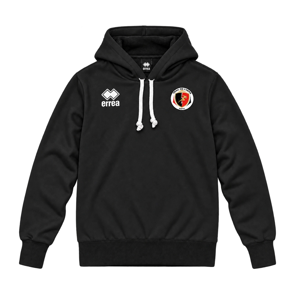 Trail de l’Hers — Textiles, dossards et accessoires personnalisés 5 Sweat à capuche noir du Trail de l’Hers, vue de face avec le logo côté cœur.