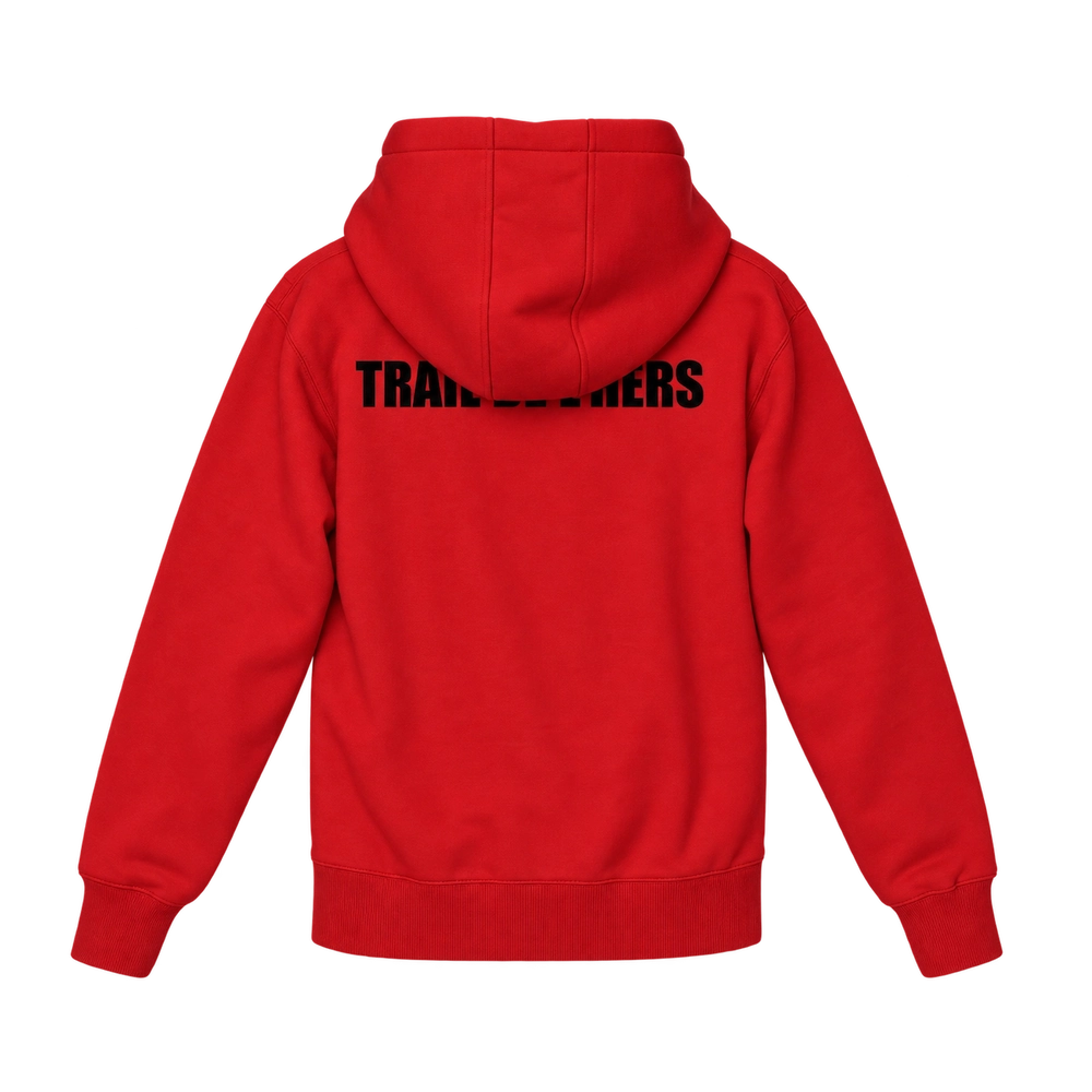Trail de l’Hers — Textiles, dossards et accessoires personnalisés 8 Sweat à capuche rouge du Trail de l’Hers, vue de dos avec le nom de l’événement.