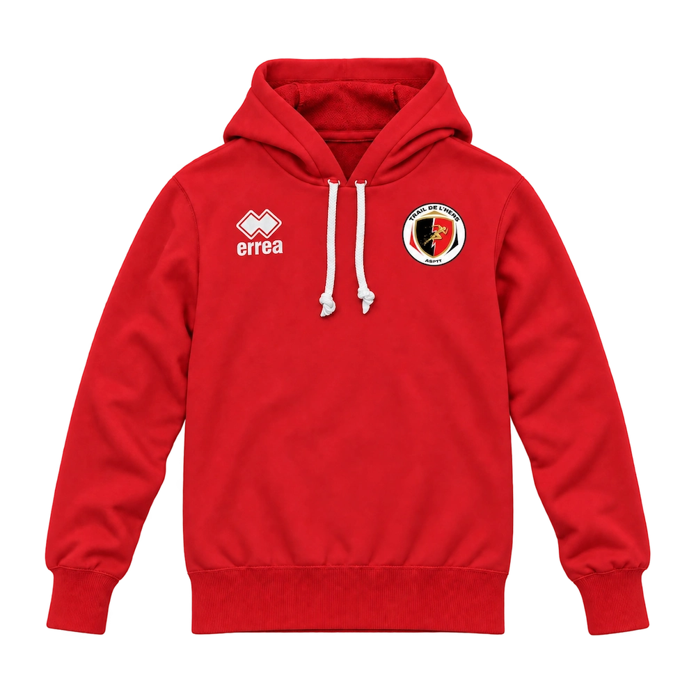 Trail de l’Hers — Textiles, dossards et accessoires personnalisés 7 Sweat à capuche rouge du Trail de l’Hers, vue de face avec le logo de l’événement.
