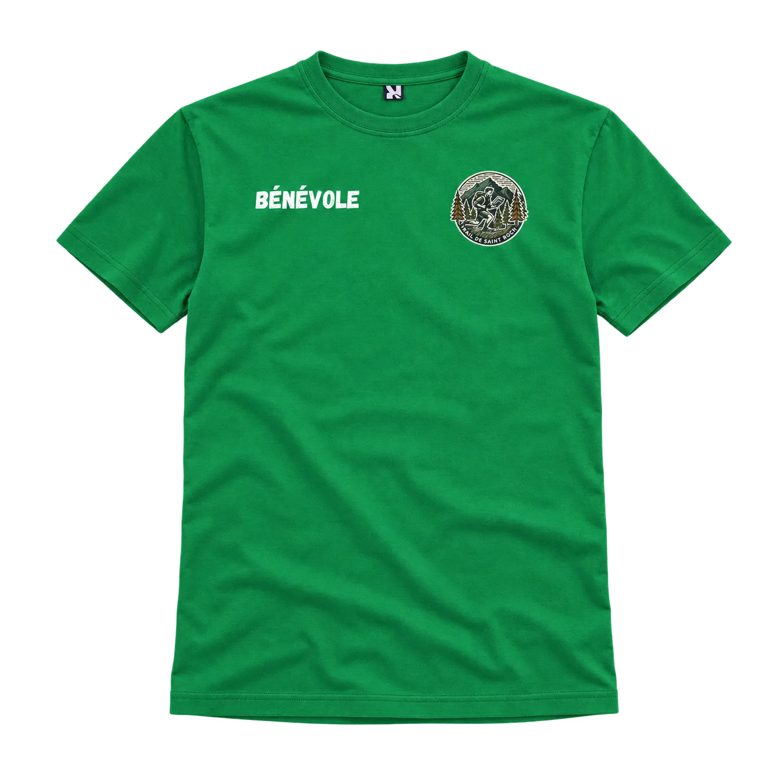 Tee-shirt vert des bénévoles du Trail Saint-Roch, vu de face, avec le logo et le marquage Bénévole en blanc.