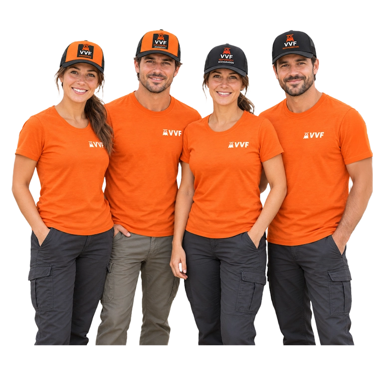 Mise en situation de quatre personnes en tee-shirts orange et casquettes VVF